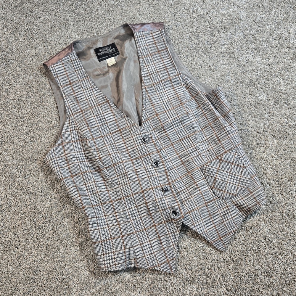 Patty Woodard Vintage Plaid  Brown Wool Blend Vest‎ Womens Size 13/14(10/12)